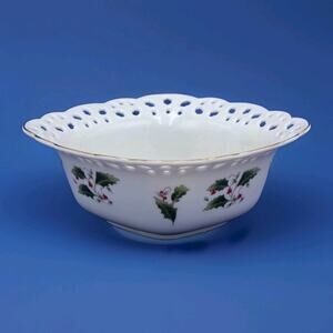 Royal Limited Holly Holiday Pierced Bowl 7" Square Reticulated Porcelain Vintage